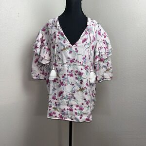 Charter Club Luxury 100% Linen Blouse Women's XL Floral Cottagecore Boho Artsy
